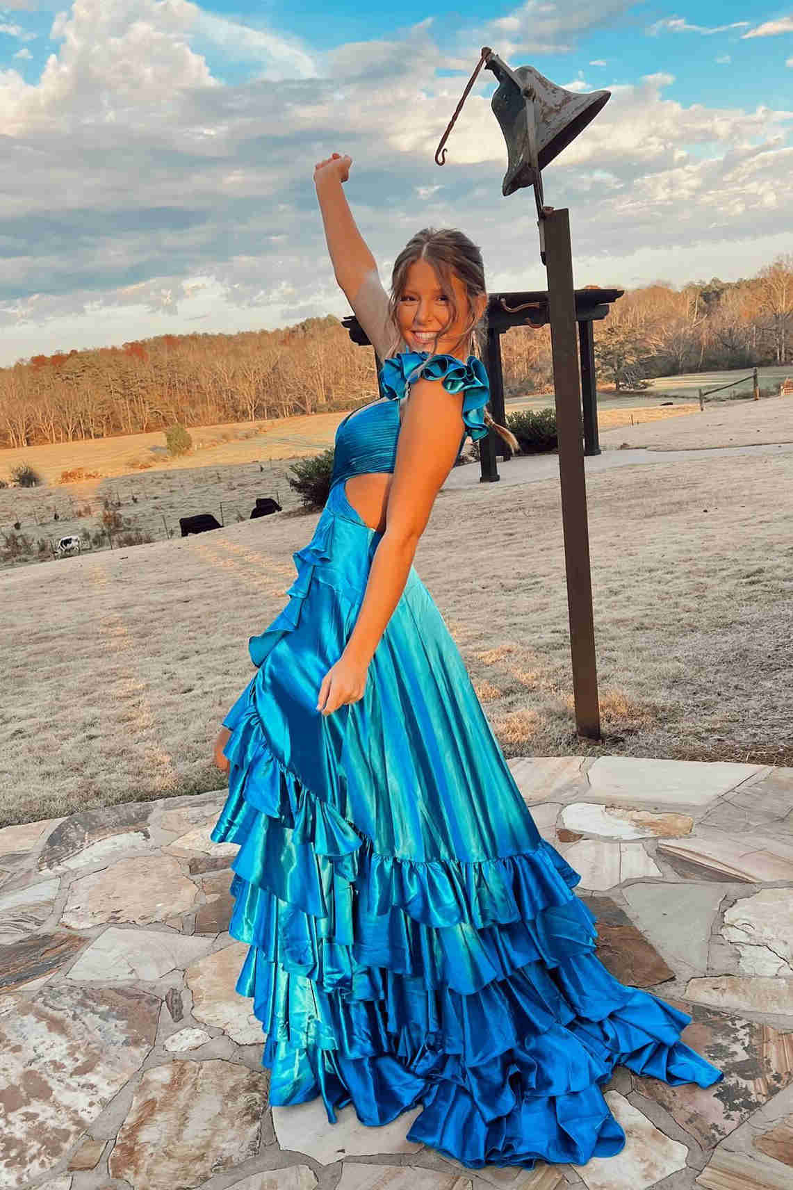 Ruffled Straps Red Pleated Layered Long Prom Dress