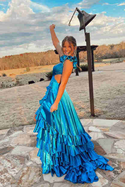 Ruffled Straps Red Pleated Layered Long Prom Dress