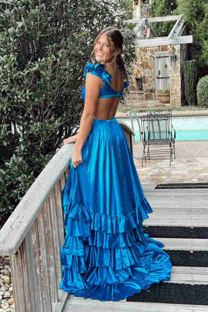 Ruffled Straps Red Pleated Layered Long Prom Dress