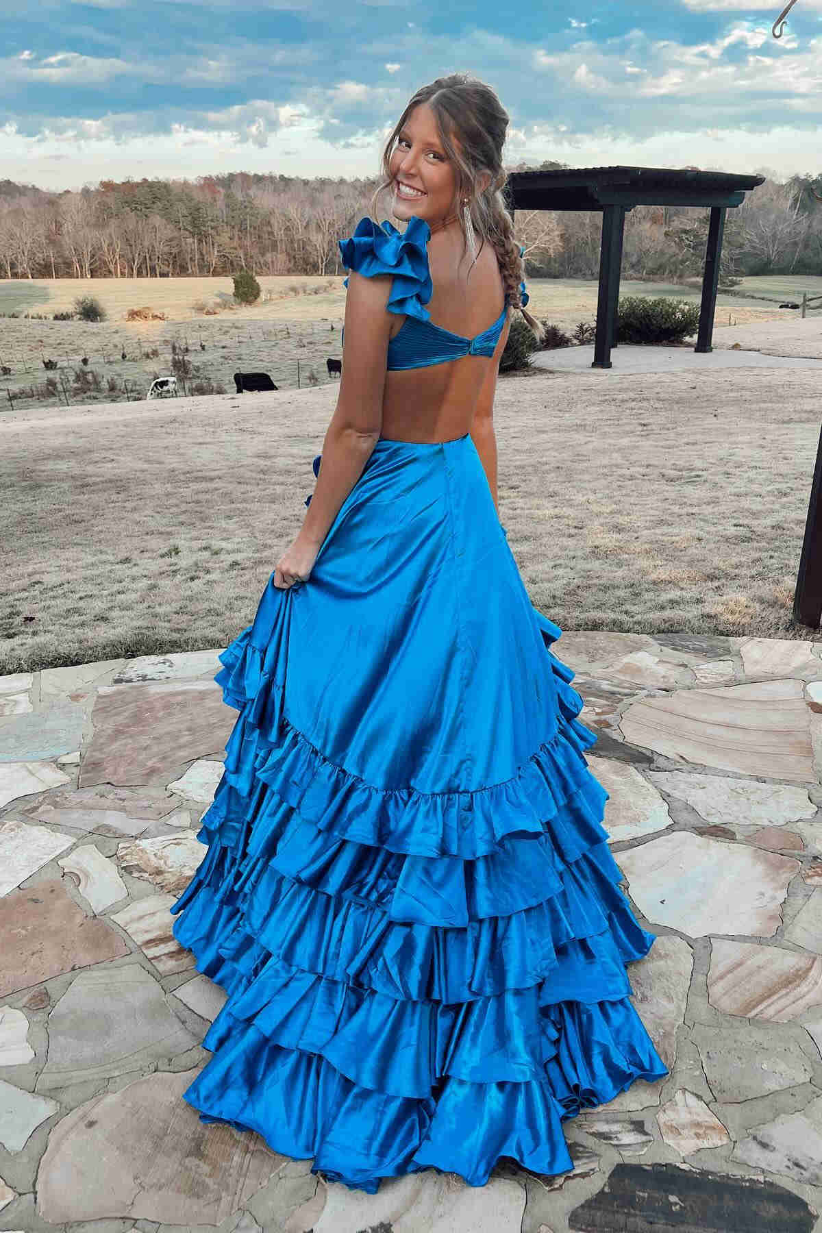 Ruffled Straps Red Pleated Layered Long Prom Dress