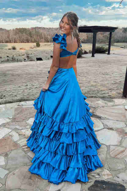 Ruffled Straps Red Pleated Layered Long Prom Dress