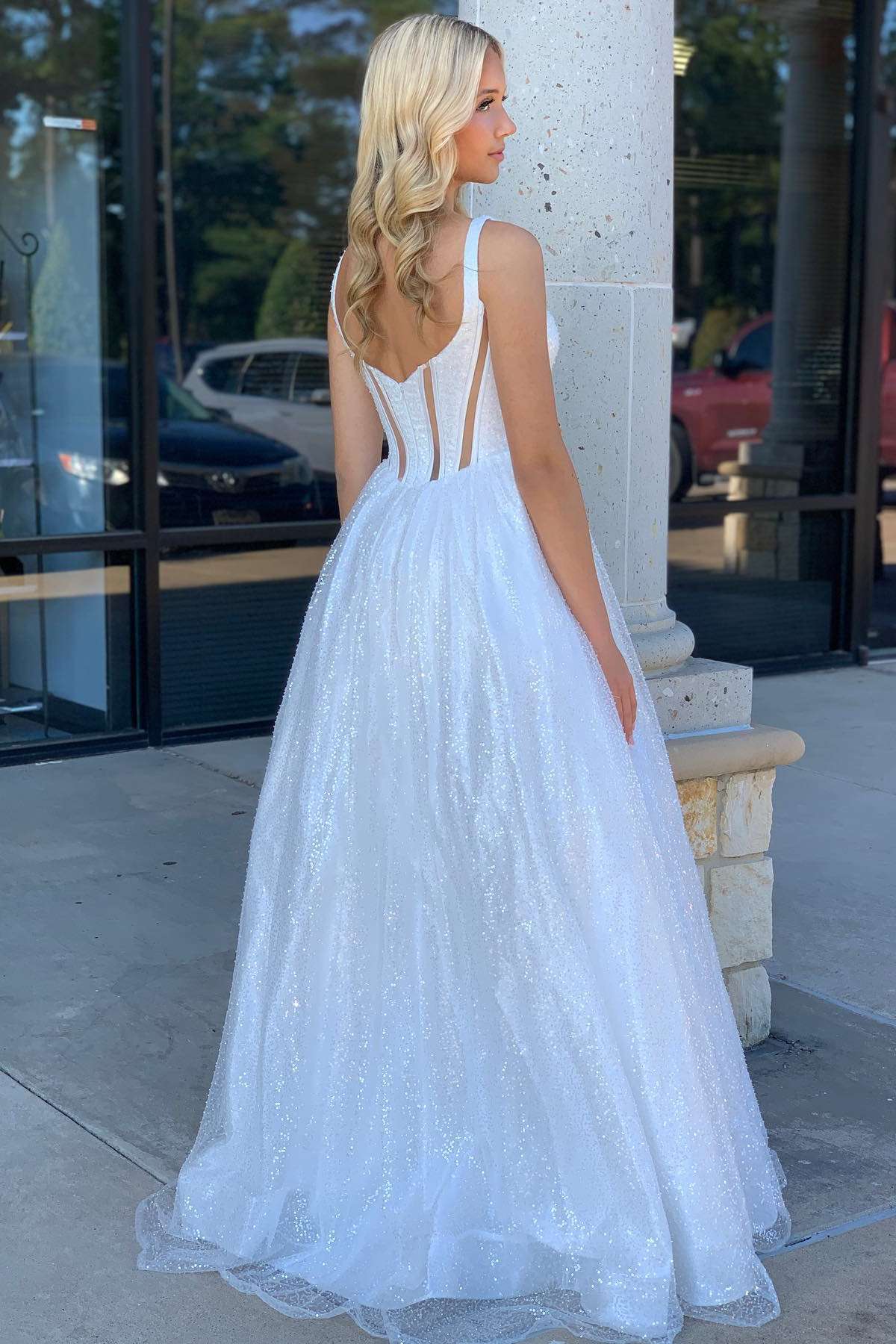 white sequin a line dress GL3028 | Sequin Illusion Sweetheart Mesh A-Line Dress