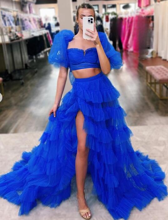 Two Piece Lavender Off the Shoulder Ruffles Prom Dress with Slit