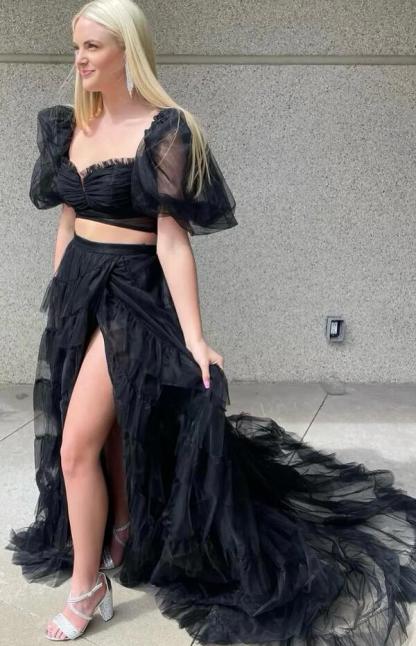Two Piece Lavender Off the Shoulder Ruffles Prom Dress with Slit