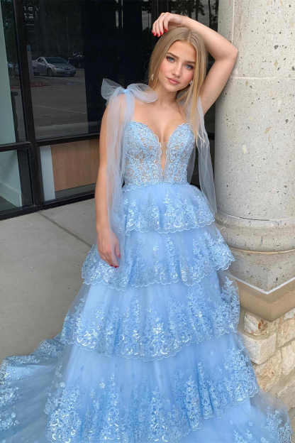 Tie Straps Light Blue Plunging Neck Layered Prom Dress with Appliques