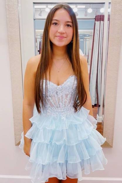 Strapless Applique A-Line Ruffle Homecoming Dress
