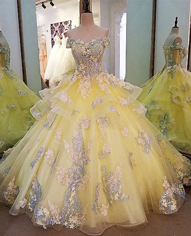 Flower Strapless Off The Shoulder Ball Gown Tulle Yellow Prom Dress