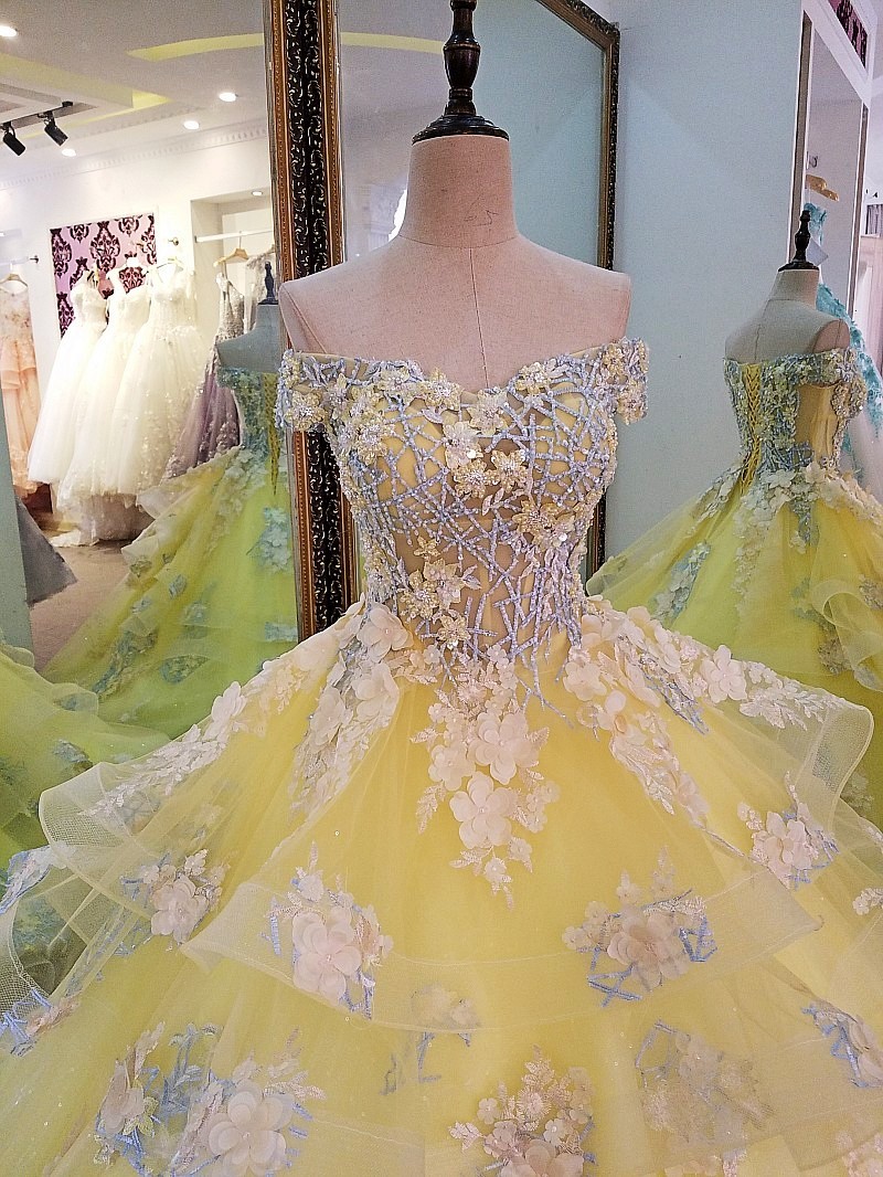 Flower Strapless Off The Shoulder Ball Gown Tulle Yellow Prom Dress