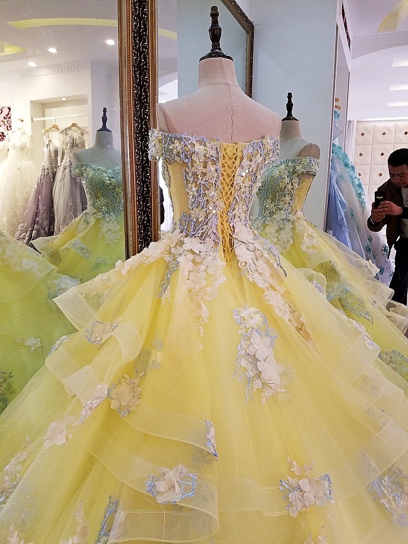 Flower Strapless Off The Shoulder Ball Gown Tulle Yellow Prom Dress
