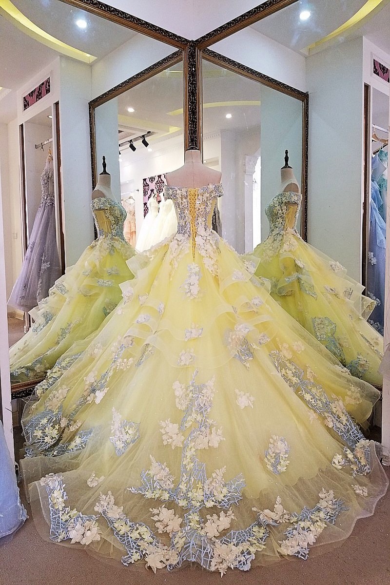 Flower Strapless Off The Shoulder Ball Gown Tulle Yellow Prom Dress