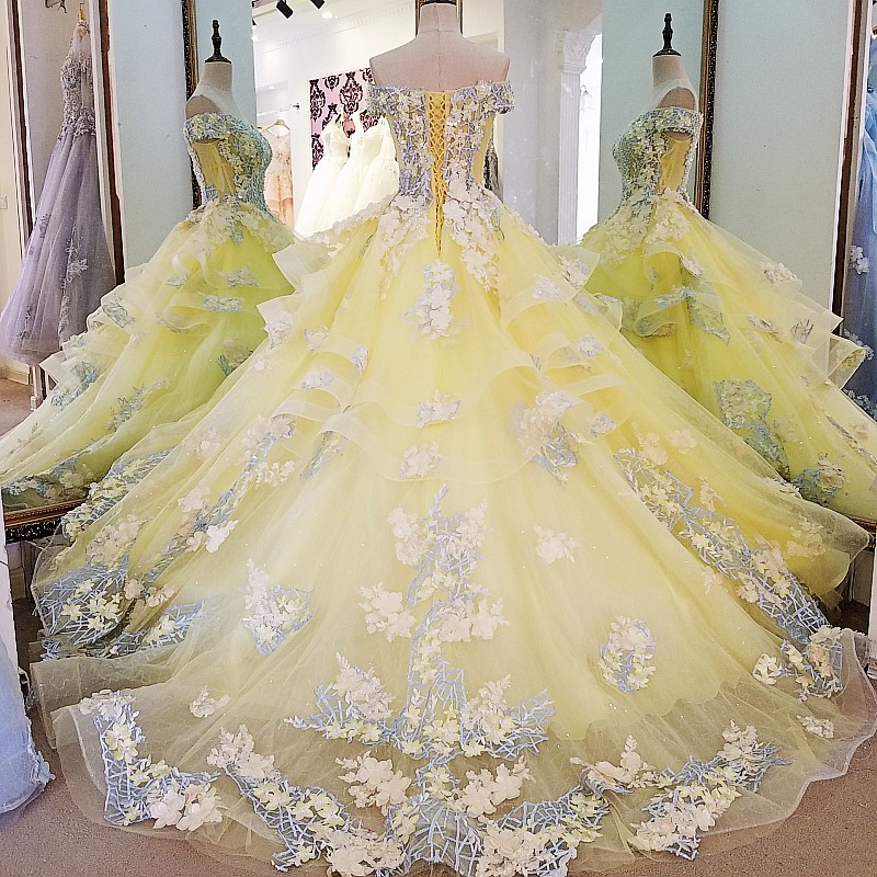 Flower Strapless Off The Shoulder Ball Gown Tulle Yellow Prom Dress