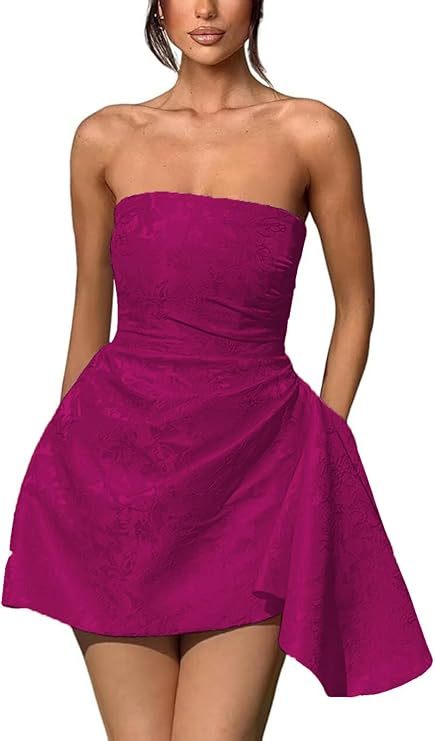 A-line Strapless Jacquard Satin Asymmetrical Lace up Sleeveless Short Homecoming Dress - YESBABYONLINE