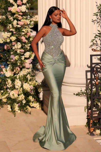 Dusty Sage Long Mermaid High Neck Satin Sleeveless Lace Prom Dress - YESBABYONLINE