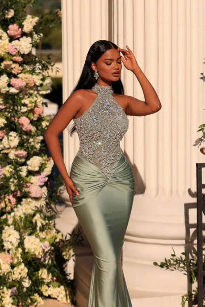 Dusty Sage Long Mermaid High Neck Satin Sleeveless Lace Prom Dress - YESBABYONLINE