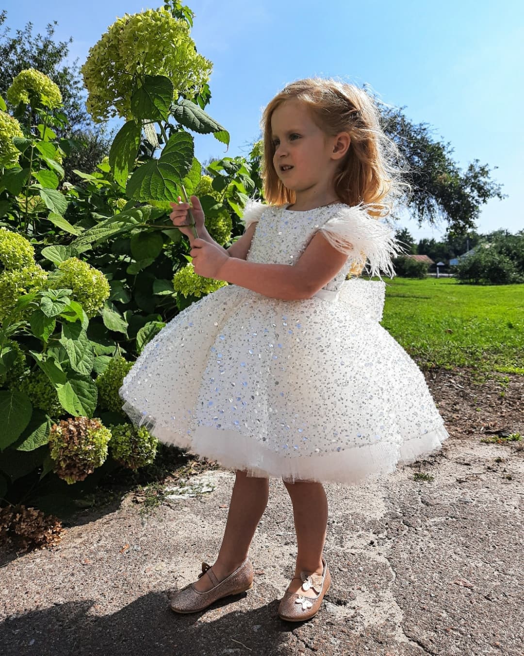 Short Ball Gown Sequins Feather Glitter Flower Girl Dress with Bow - YESBABYONLINE