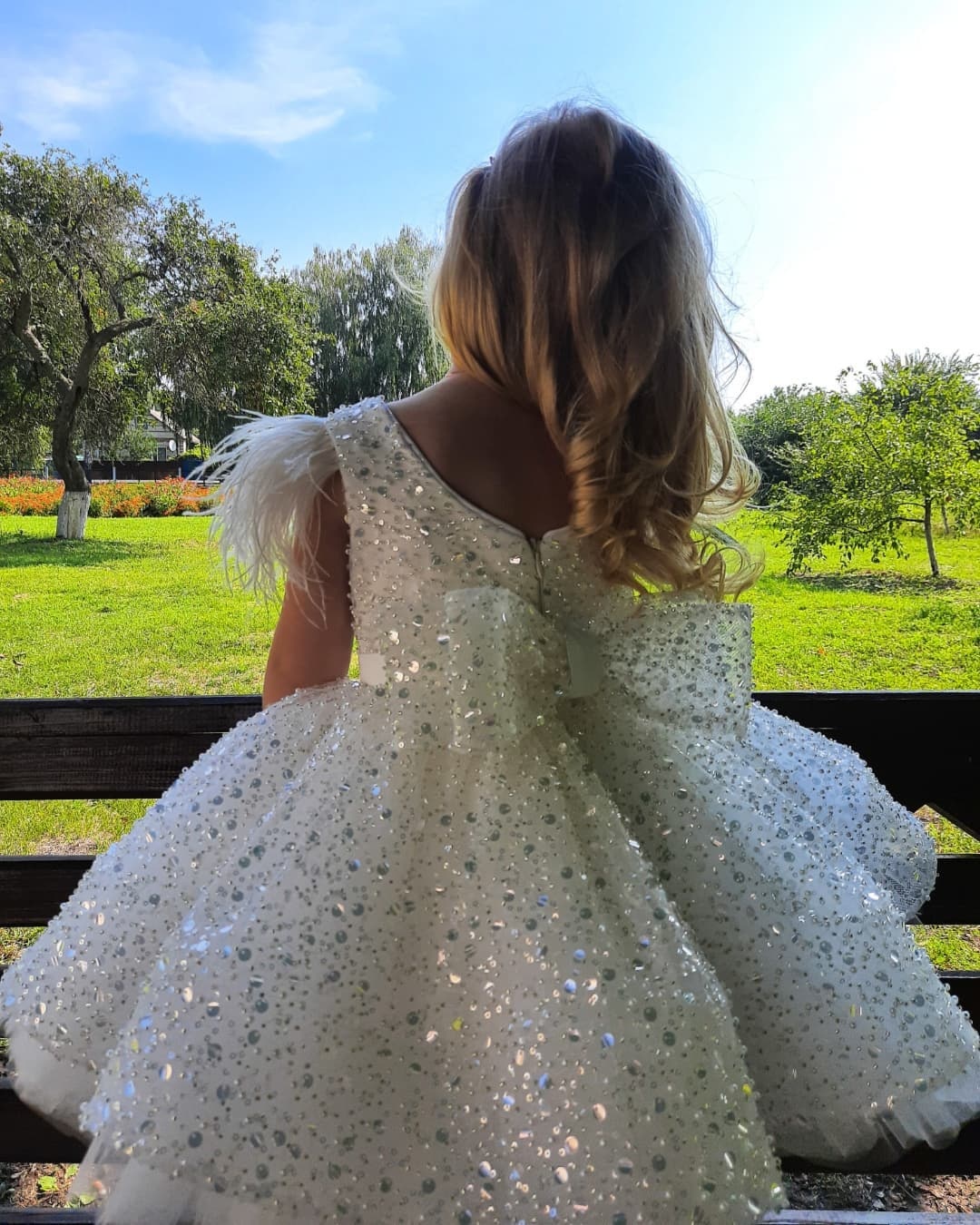 Short Ball Gown Sequins Feather Glitter Flower Girl Dress with Bow - YESBABYONLINE