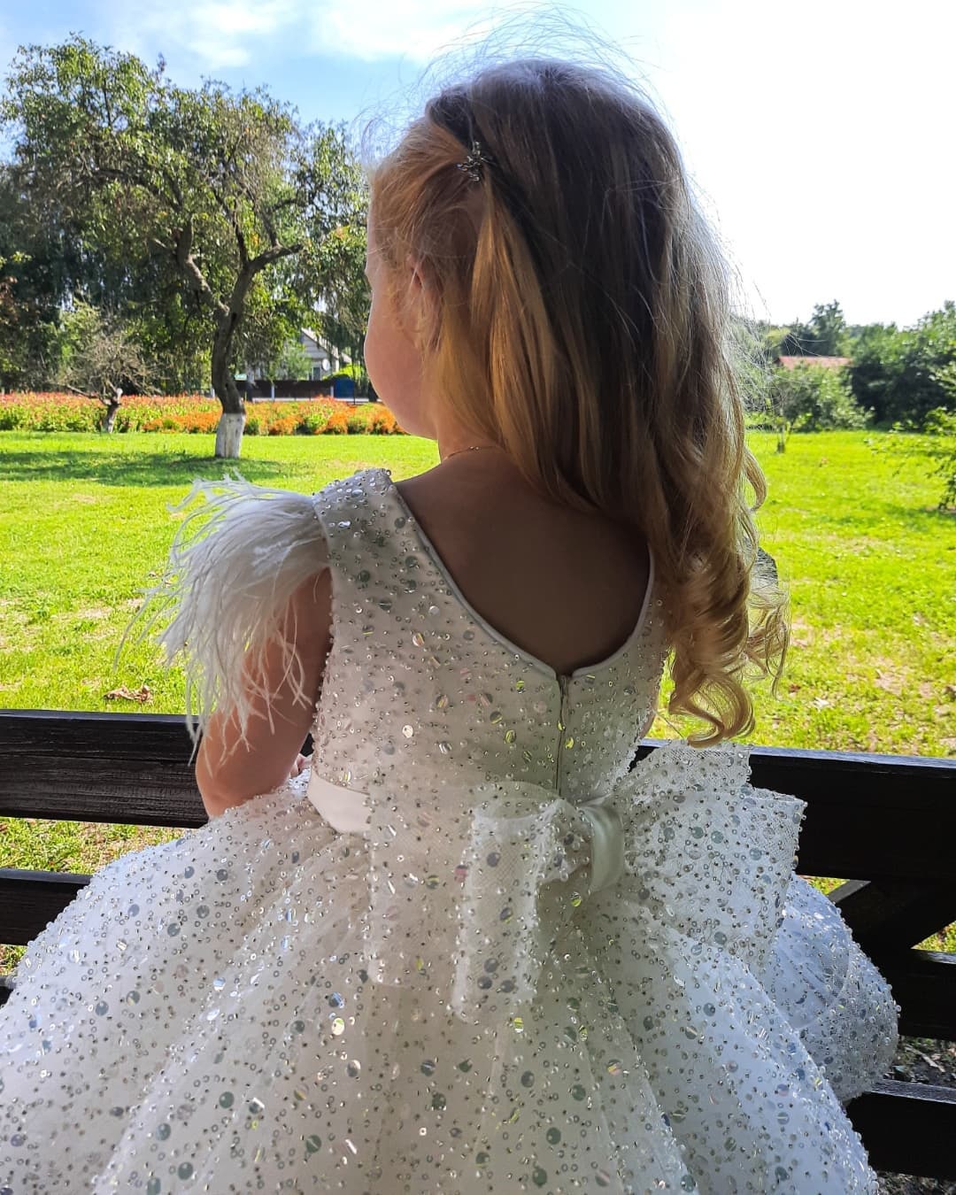 Short Ball Gown Sequins Feather Glitter Flower Girl Dress with Bow - YESBABYONLINE