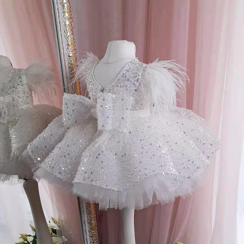 Short Ball Gown Sequins Feather Glitter Flower Girl Dress with Bow - YESBABYONLINE
