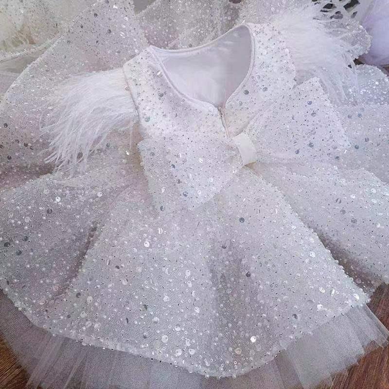 Short Ball Gown Sequins Feather Glitter Flower Girl Dress with Bow - YESBABYONLINE