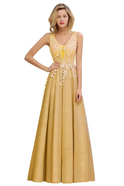Long A Line V-Neck Sleeveless Tulle Lace Formal Dress with Appliques - YESBABYONLINE