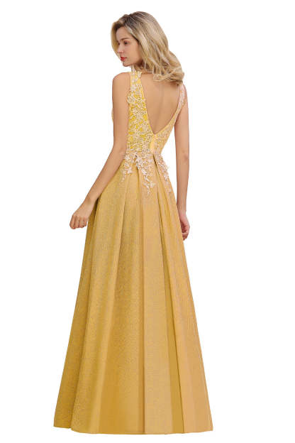 Long A Line V-Neck Sleeveless Tulle Lace Formal Dress with Appliques - YESBABYONLINE