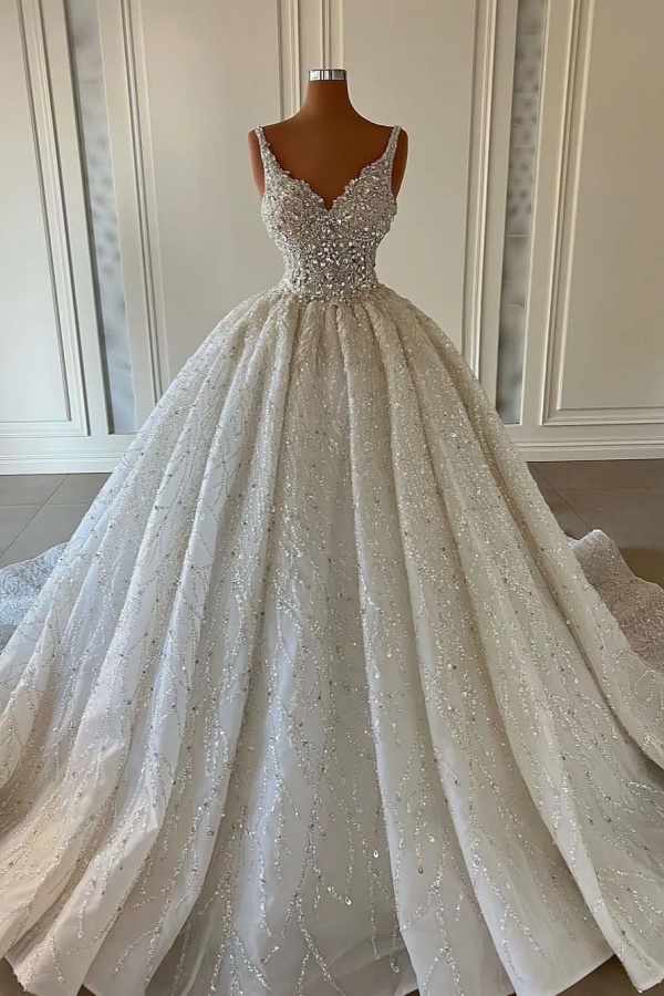 Long Sequined Ball Gown V-neck Sleeveless Backless Wedding Dresses