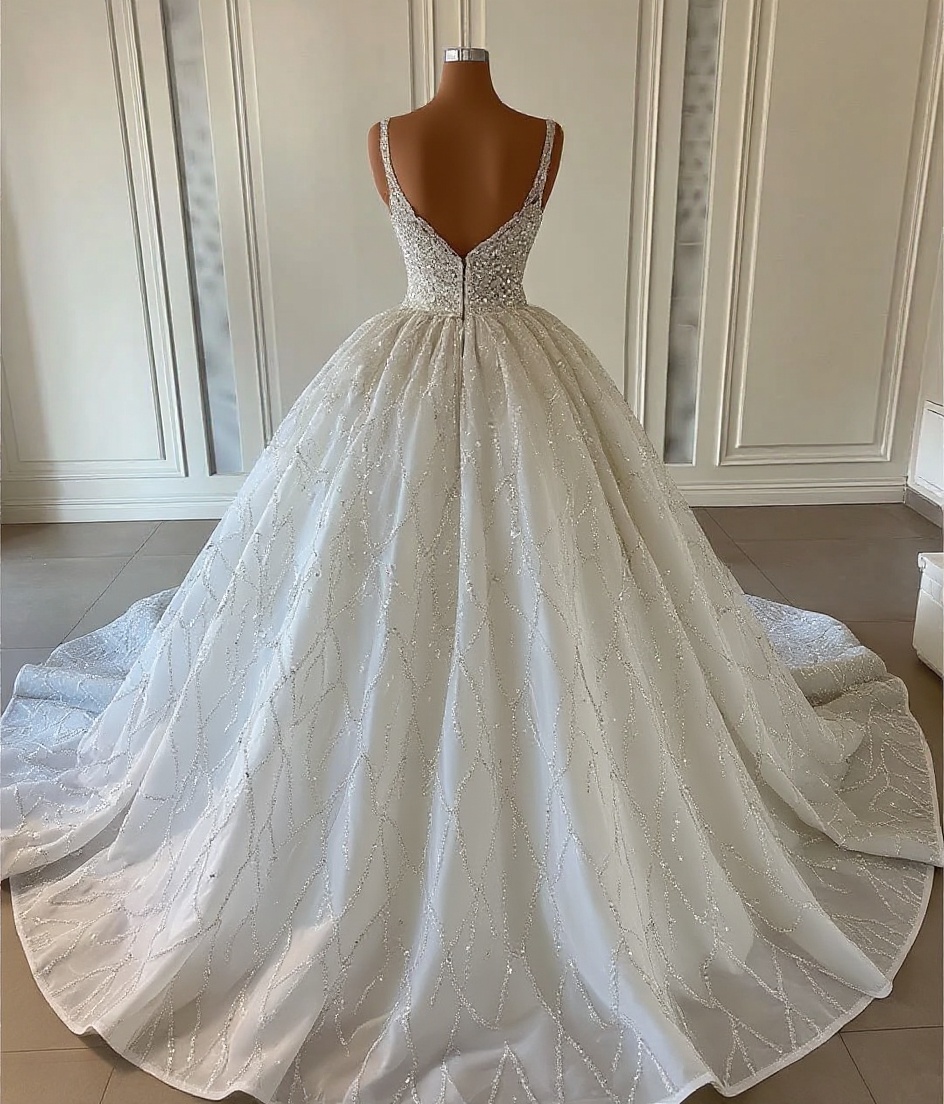 Long Sequined Ball Gown V-neck Sleeveless Backless Wedding Dresses