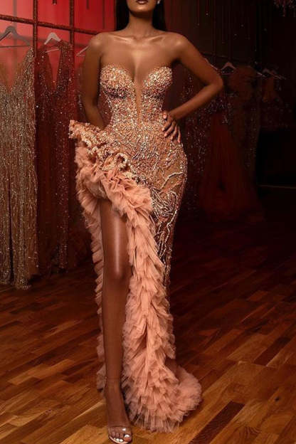 Long Beading Sleeveless Front Split Mermaid Prom Dress With Ruffles - YESBABYONLINE
