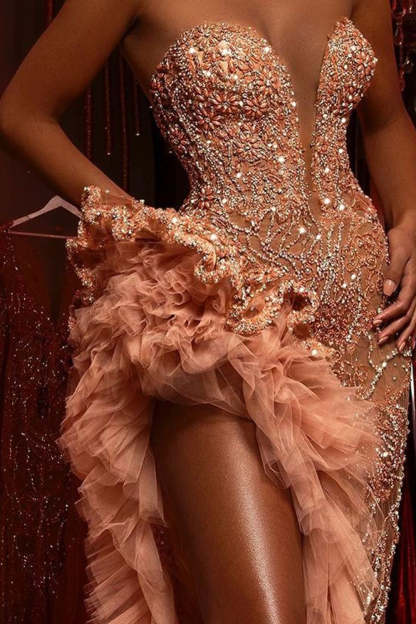 Long Beading Sleeveless Front Split Mermaid Prom Dress With Ruffles - YESBABYONLINE