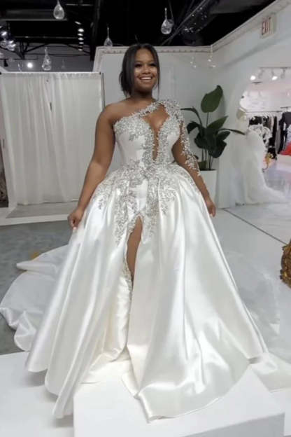 Long A-line Satin One Shoulder Beading Appliques Lace Wedding Dress with Slit - YESBABYONLINE