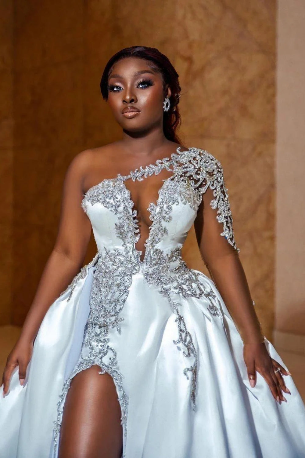 Long A-line Satin One Shoulder Beading Appliques Lace Wedding Dress with Slit - YESBABYONLINE