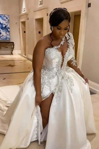 Long A-line Satin One Shoulder Beading Appliques Lace Wedding Dress with Slit - YESBABYONLINE