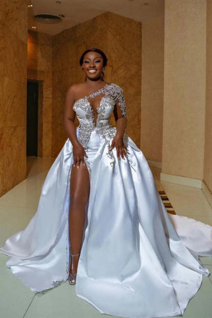Long A-line Satin One Shoulder Beading Appliques Lace Wedding Dress with Slit - YESBABYONLINE