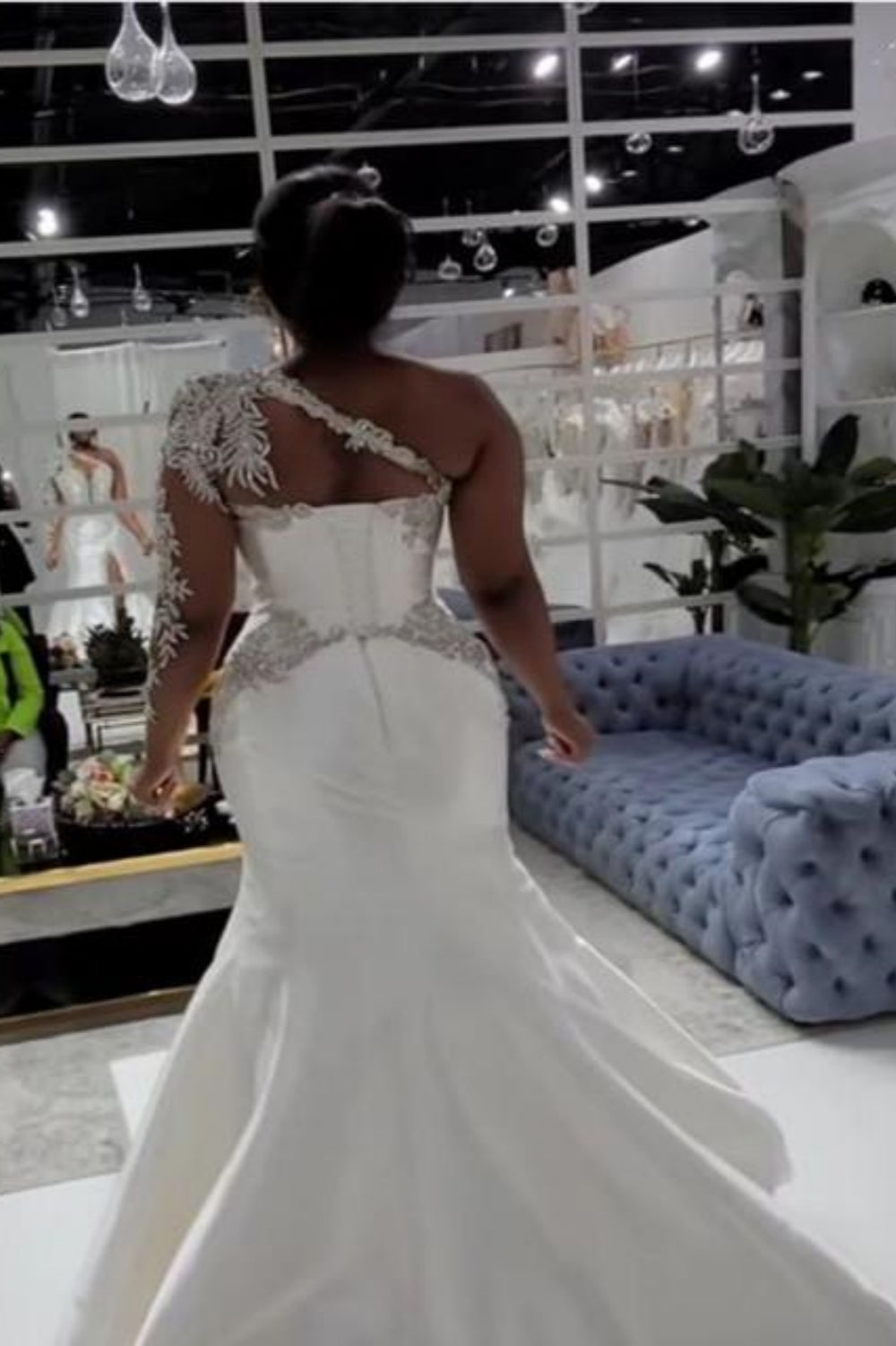 Long A-line Satin One Shoulder Beading Appliques Lace Wedding Dress with Slit - YESBABYONLINE