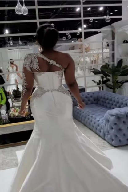 Long A-line Satin One Shoulder Beading Appliques Lace Wedding Dress with Slit - YESBABYONLINE