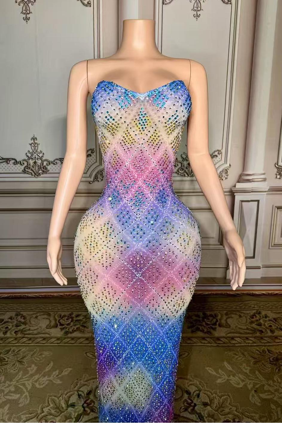 Rainbow Strapless Rhinestones Long Open Back Zipper Prom Dress Yesbabyonline