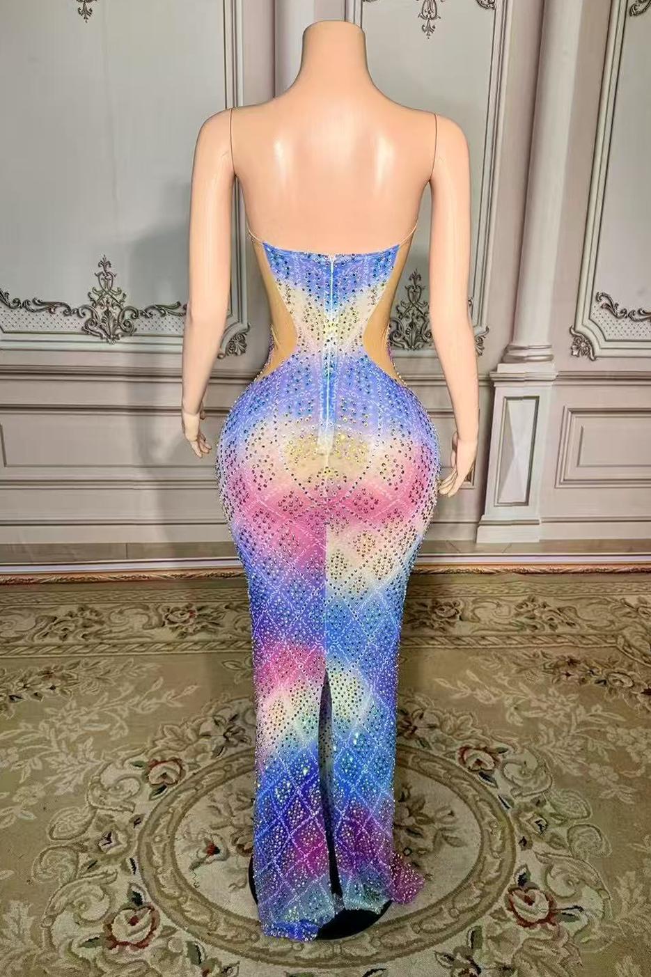 Rainbow Strapless Rhinestones Long Open Back Zipper Prom Dress Yesbabyonline 