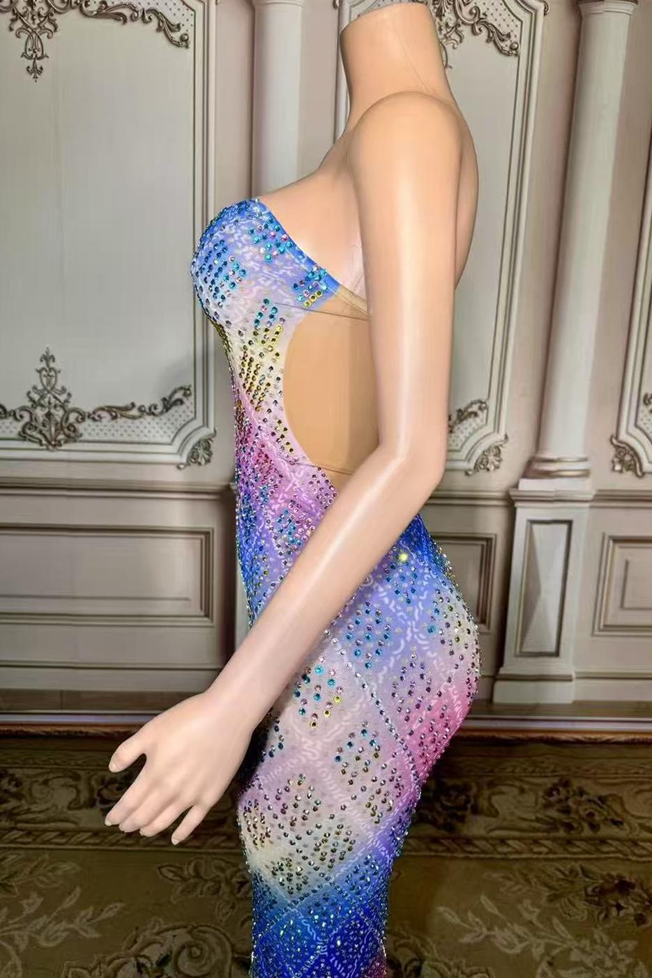 Rainbow Strapless Rhinestones Long Open Back Zipper Prom Dress Yesbabyonline 