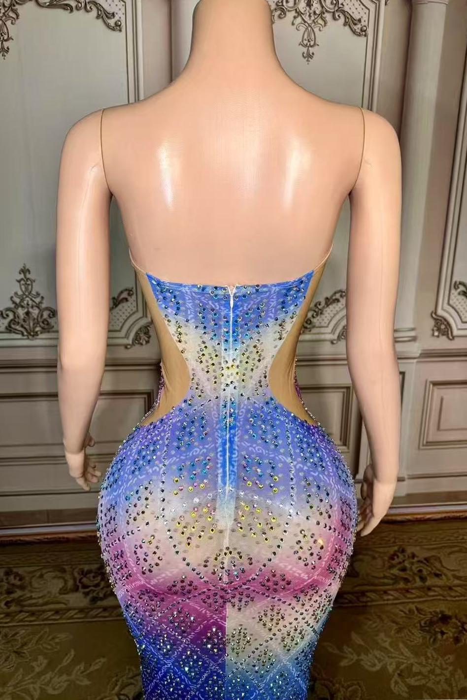 Rainbow Strapless Rhinestones Long Open Back Zipper Prom Dress Yesbabyonline
