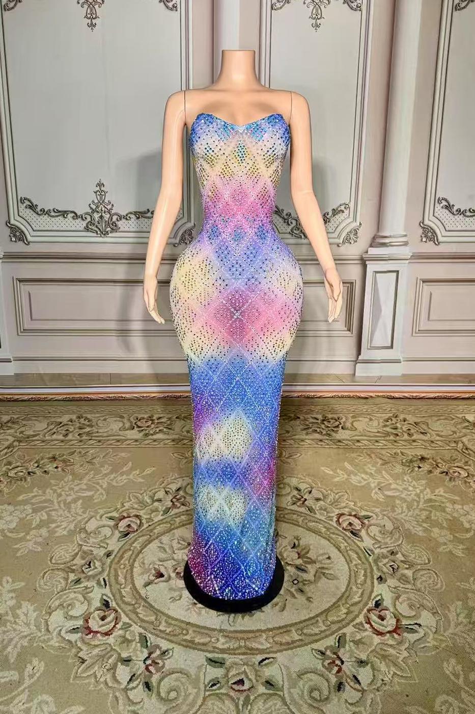 Rainbow Strapless Rhinestones Long Open Back Zipper Prom Dress Yesbabyonline 