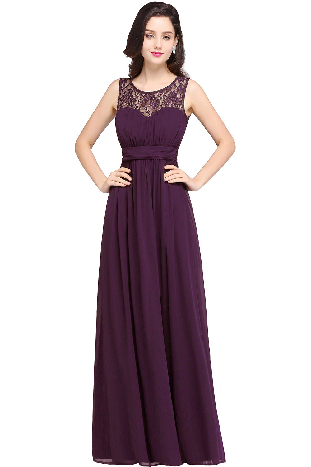 Long A Line Round Neck Chiffon Floor Length Formal Dresses - YESBABYONLINE