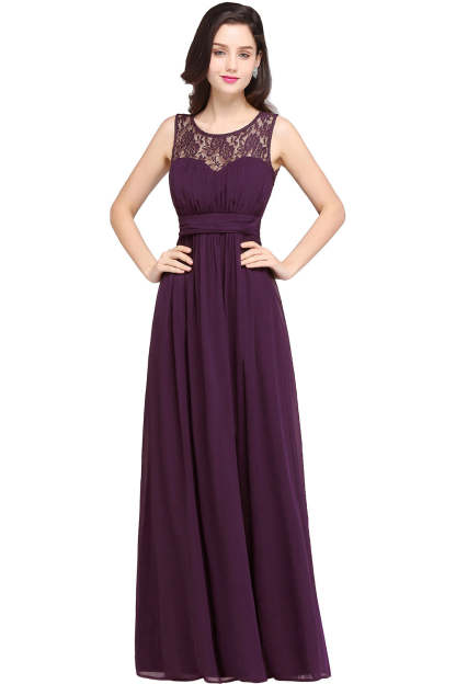 Long A Line Round Neck Chiffon Floor Length Formal Dresses - YESBABYONLINE