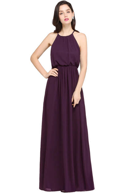 Casual Long Halter Chiffon Floor Length A Line Bridesmaid Dress - YESBABYONLINE