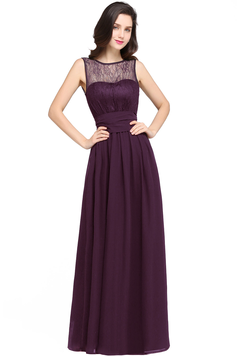 Long Off The Shoulder Round Neck Chiffon Bridesmaid Dress with Floral Lace and Ruffle - YESBABYONLINE