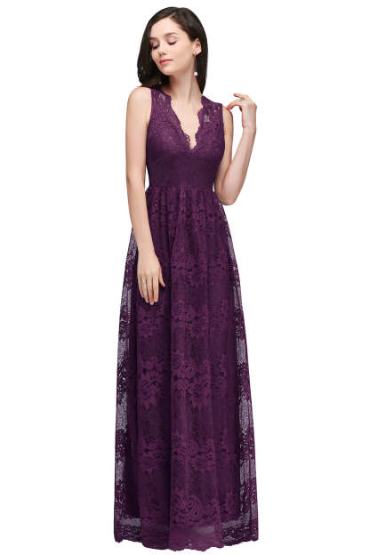 Long A Line Lace V Neck Sleveless Floor Length Evening Dress - YESBABYONLINE