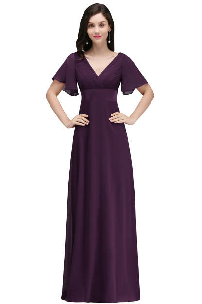 A Line Poet Sleeves Ruffle Chiffon V-Neck Long Bridesmaid Dress - YESBABYONLINE