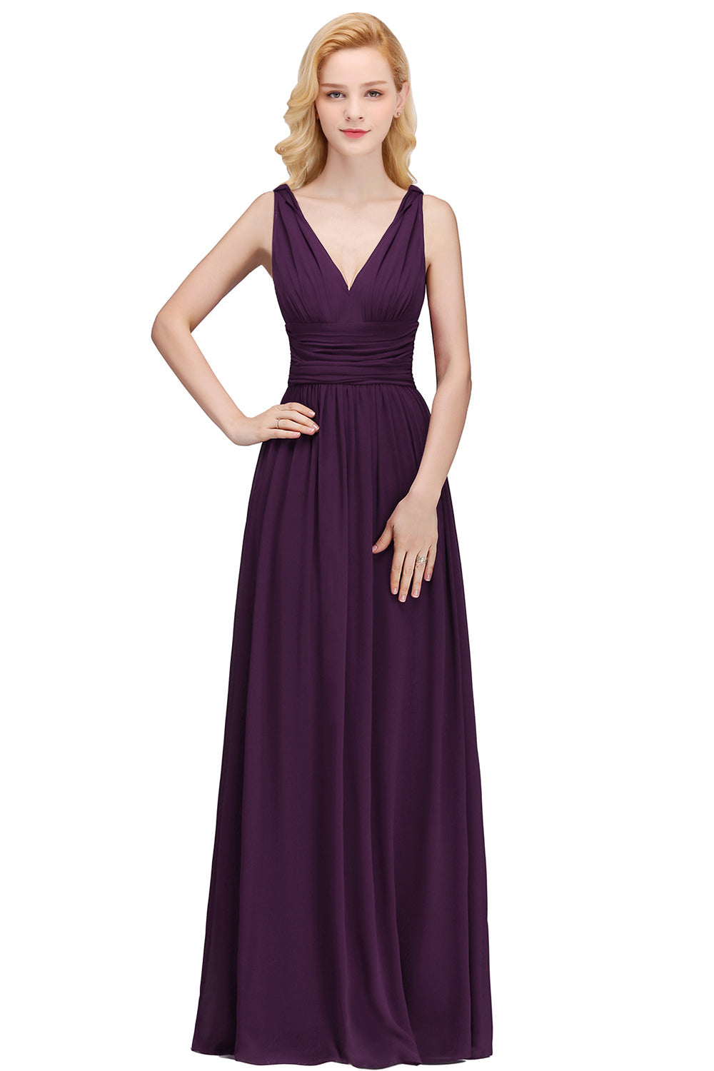 Long Chiffon V Neck Off The Shoulder Ruffle Floor Length Bridesmaid Dress - YESBABYONLINE