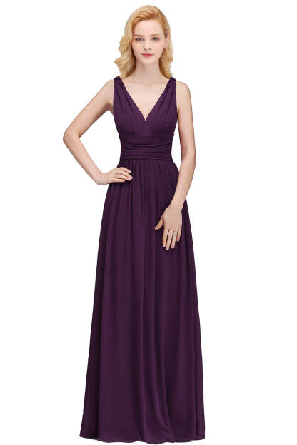 Long Chiffon V Neck Off The Shoulder Ruffle Floor Length Bridesmaid Dress - YESBABYONLINE