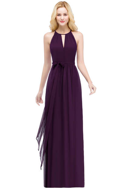 Long A line Halter Chiffon Ruffle Floor Length Bridesmaid Dress - YESBABYONLINE