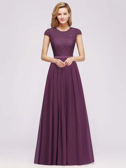 Long A-line Tulle Floral Lace Bridesmaid Dress with Cap Sleeves - YESBABYONLINE